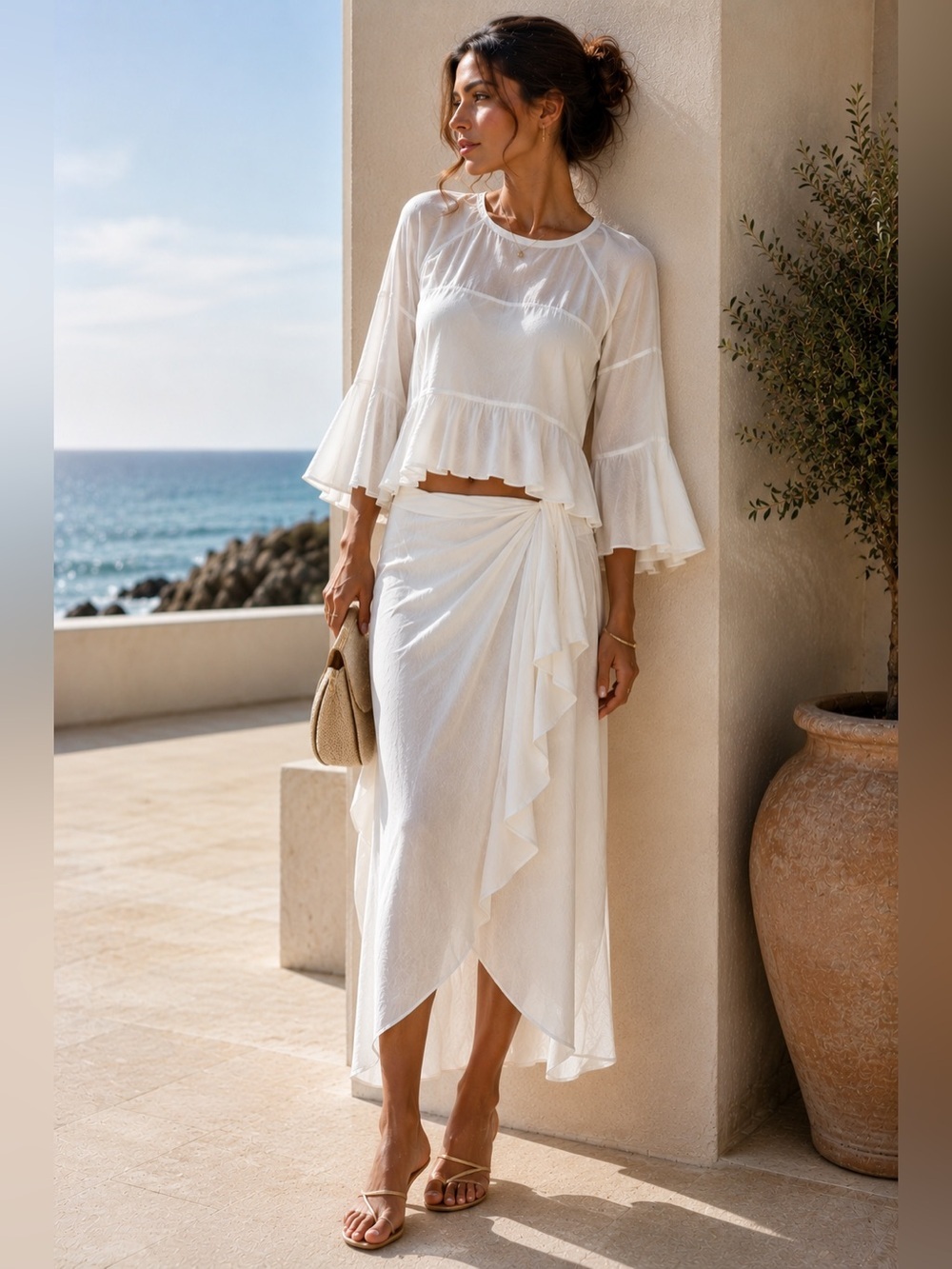 FARM RIO White Ruffle Layered Maxi Skirt Women’s Flowy Boho Style SIZE S